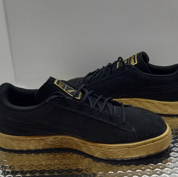 Puma Suede Black With Gold Sole. - Picture 2 of 8